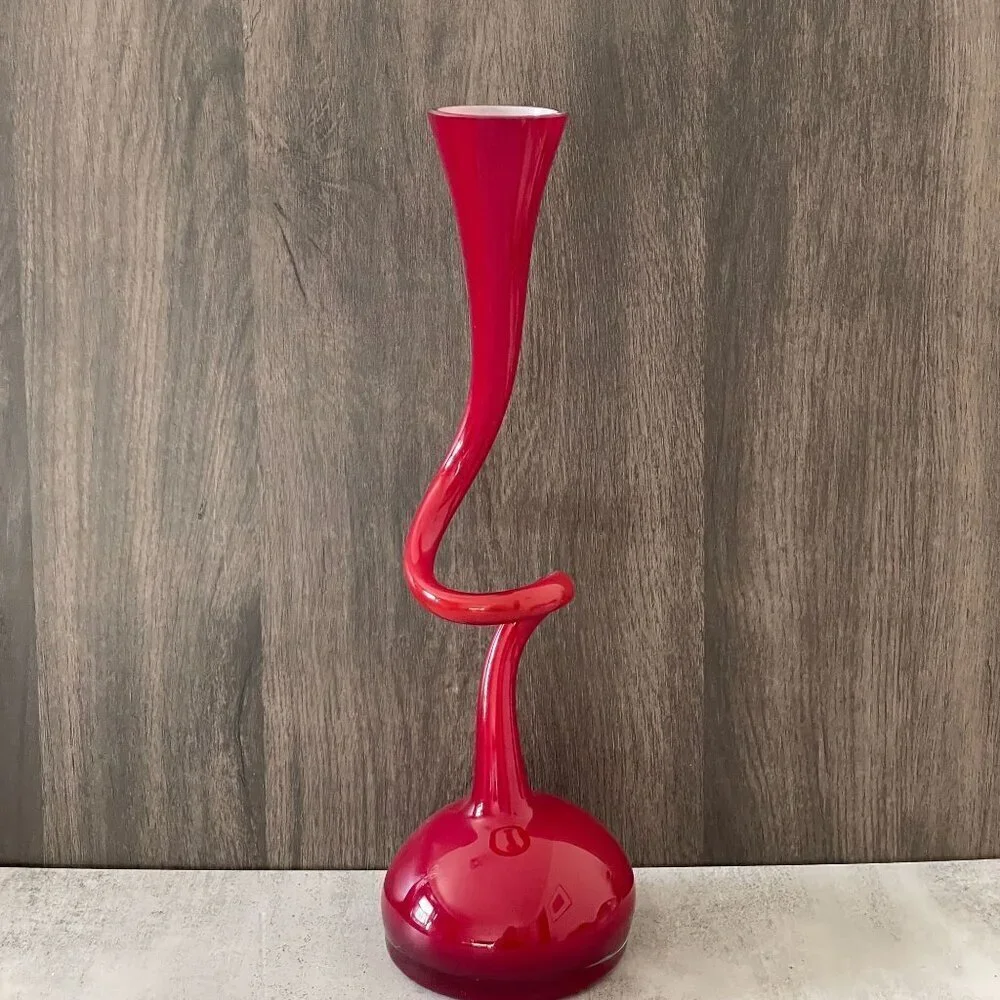Normann Copenhagen Denmark Vintage Red Cased Glass Corkscrew Swing Vase 16